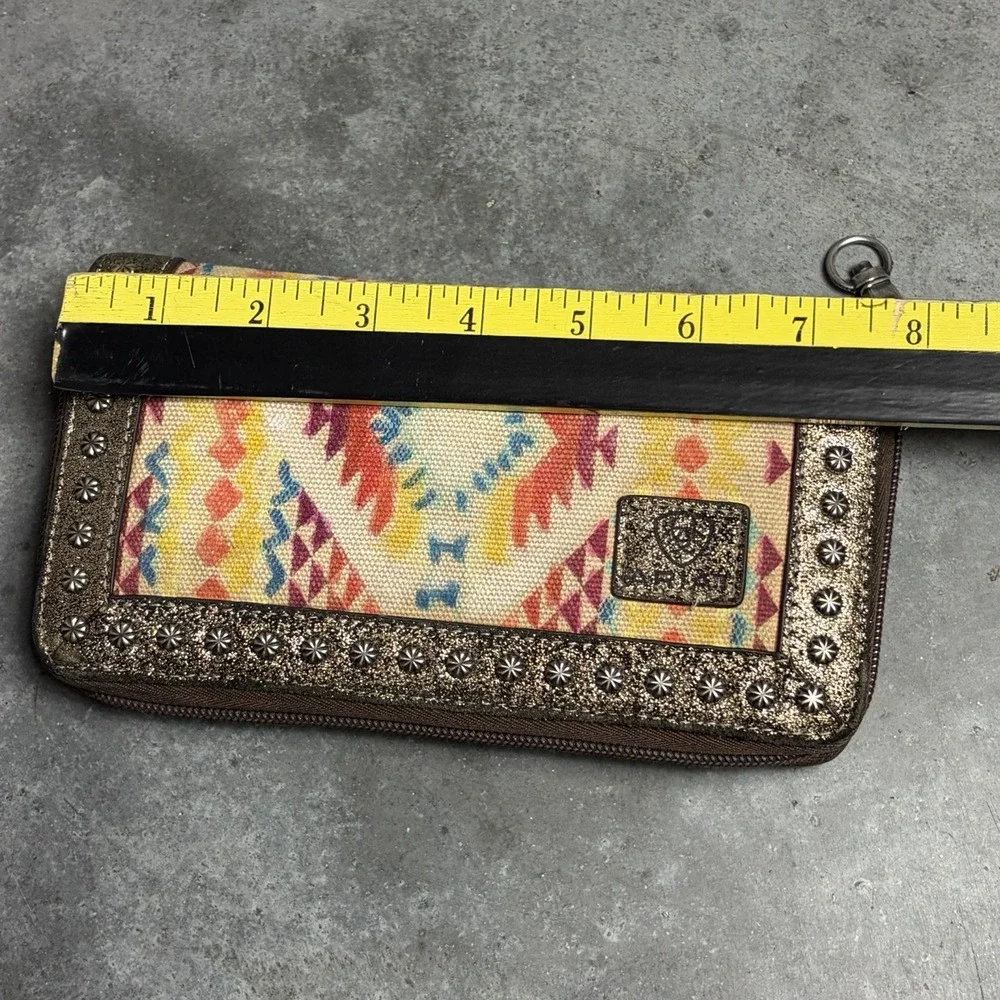 Ariat Womens Southwestern Canvas Zipper Aztec Wallet Brown Glitter Stud Trim
